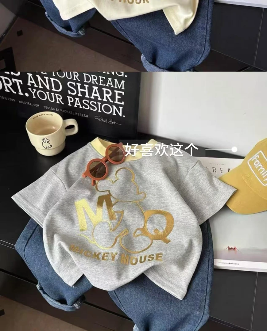 韩版新款2025男女童宝贝棉质潮款螺纹领口洋气卡通休闲儿童衣服