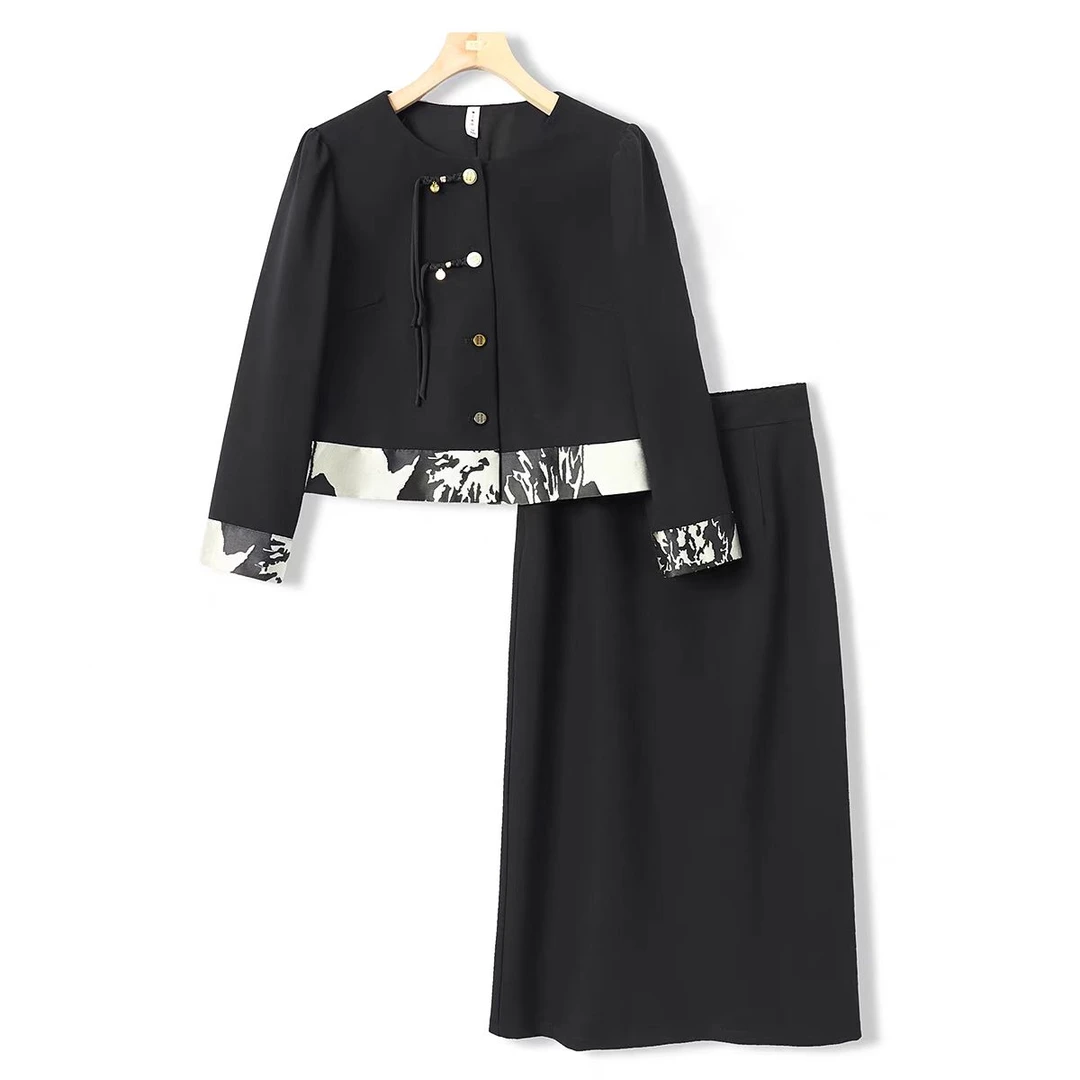 淑女套 拼接编织扣上衣+松紧开叉半裙T819