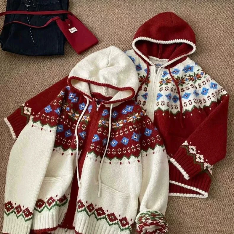 秋冬款费尔岛复古提花连帽针织开衫女宽松慵懒风厚实毛衣外套