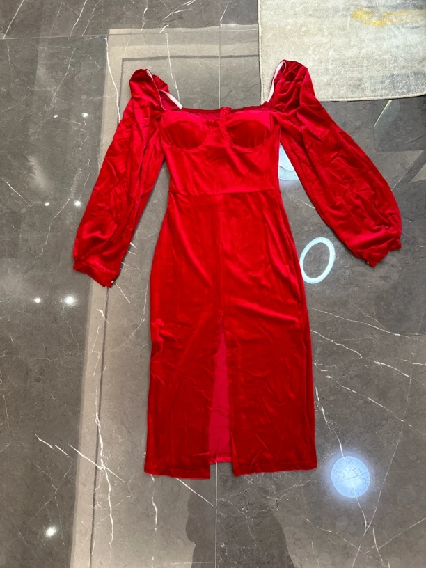 红丝绒小礼服御姐性感带胸垫方领收腰高开叉丝绒礼服长裙显瘦生日