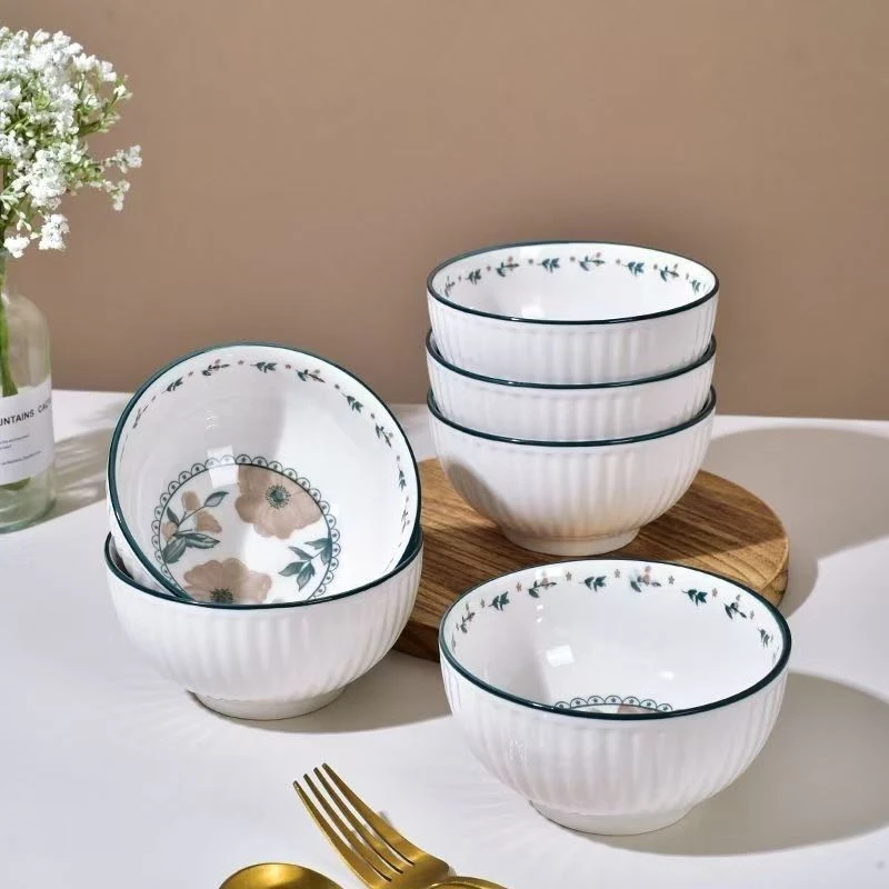 夏沫4.5英寸米饭碗10只装高温釉下彩陶瓷高颜值浮雕可微波炉