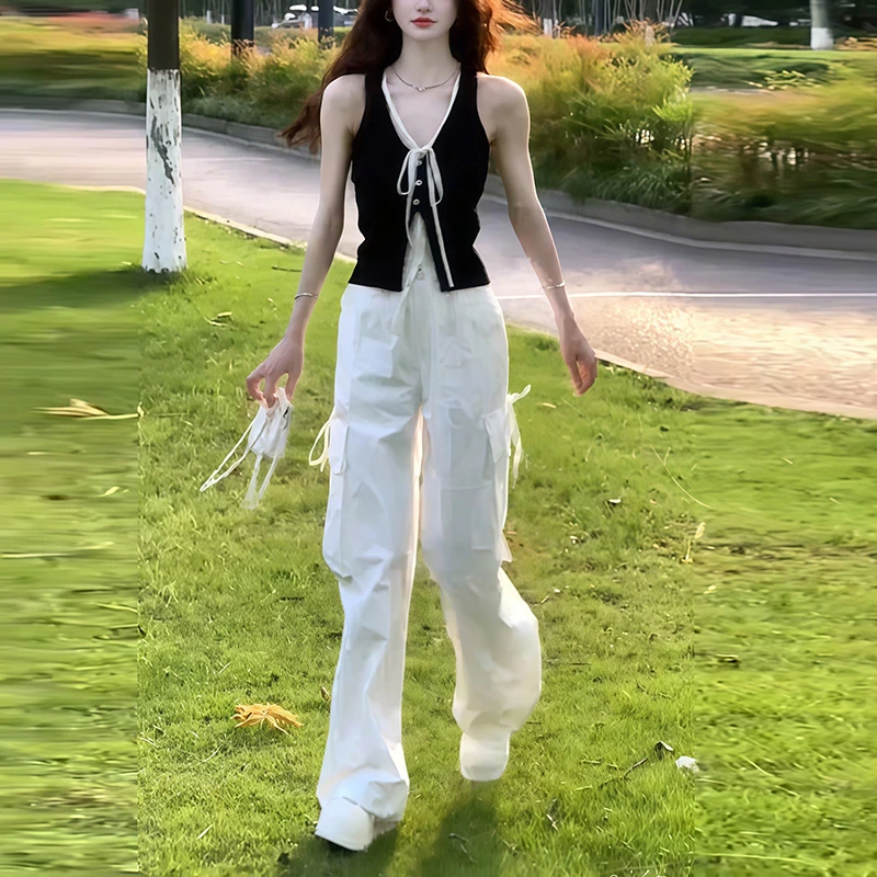 纯欲拼接蕾丝系带开衫假两件设计背心薄款工装裤子2025夏季ins套