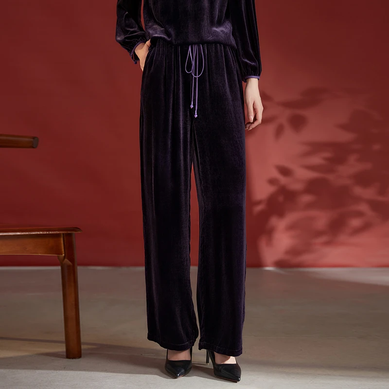 秋季新款真丝丝绒休闲复古气质轻奢女裤42498716