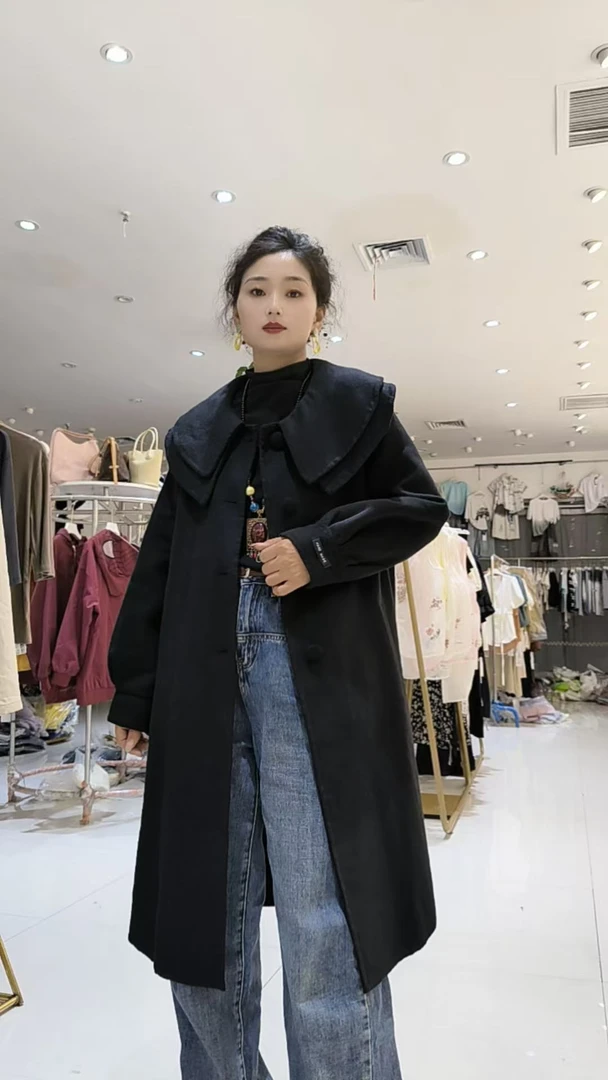 娃娃领长款女长袖毛呢外套设计师时尚网红双面238