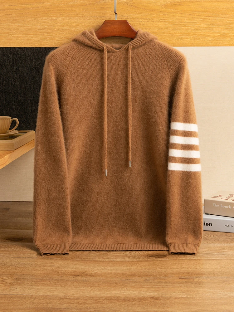 100%纯山羊绒男士加厚插件元宝针 袖拼色帽衫