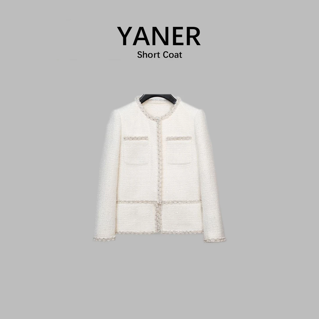 YANER/燕尔甘棣5 春季女士粗花呢白色简约钉珠包边白色小香风