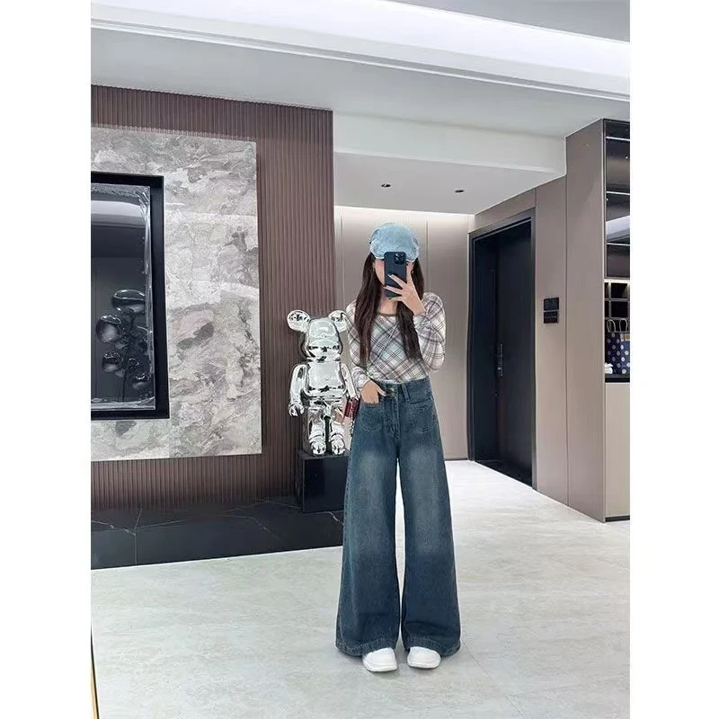 2025早秋新款复古深蓝阔腿牛仔裤女宽松百搭高腰显高显瘦拖地裤