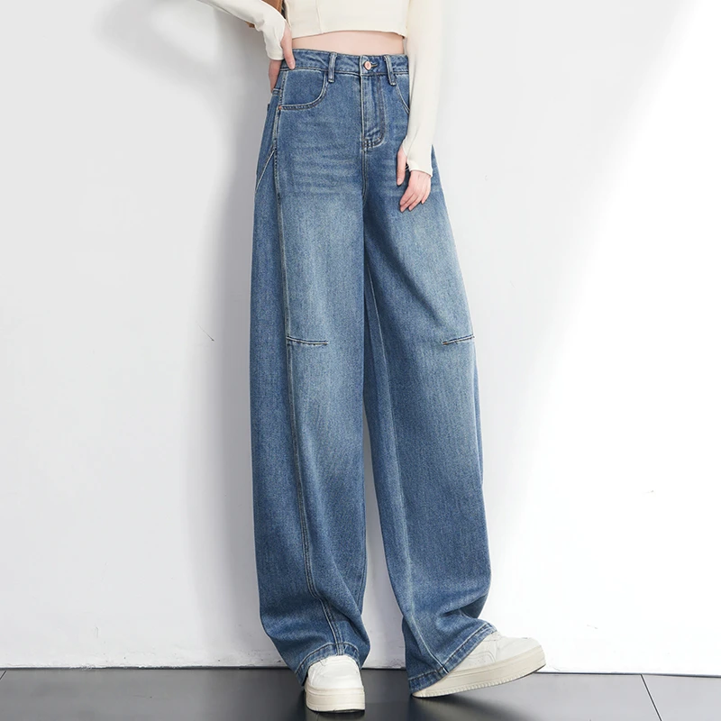 蓝色牛仔裤子女新款美式宽松bf慵懒风高腰破洞弯刀直筒窄版阔腿裤
