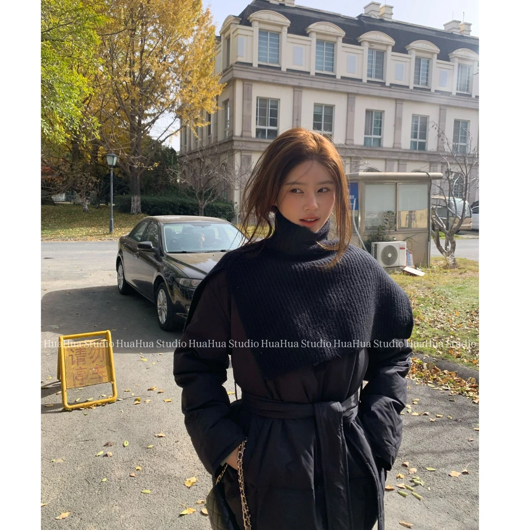 【花花】暮色巴黎~90白鸭绒v领羽绒服外套+独立羊毛针织披肩附腰带