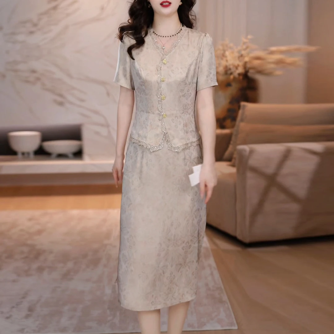 连衣裙2025夏季新款新中式假两件暗纹提花减龄十三行蕾丝花边裙子