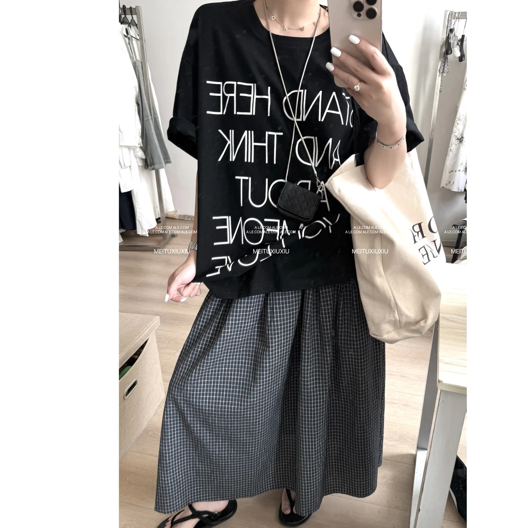 【阿乐家】大码微胖”极简夏日”简约大字母百搭休闲圆领T恤