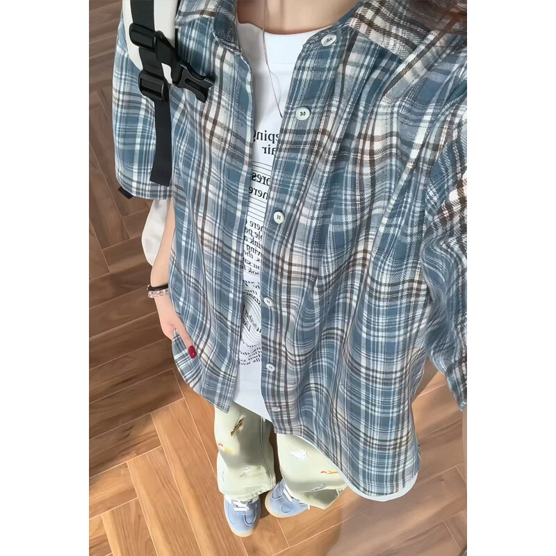 @短袖衬衫男夏季新款大码港风蓝色格子外套美式休闲潮牌衬衣