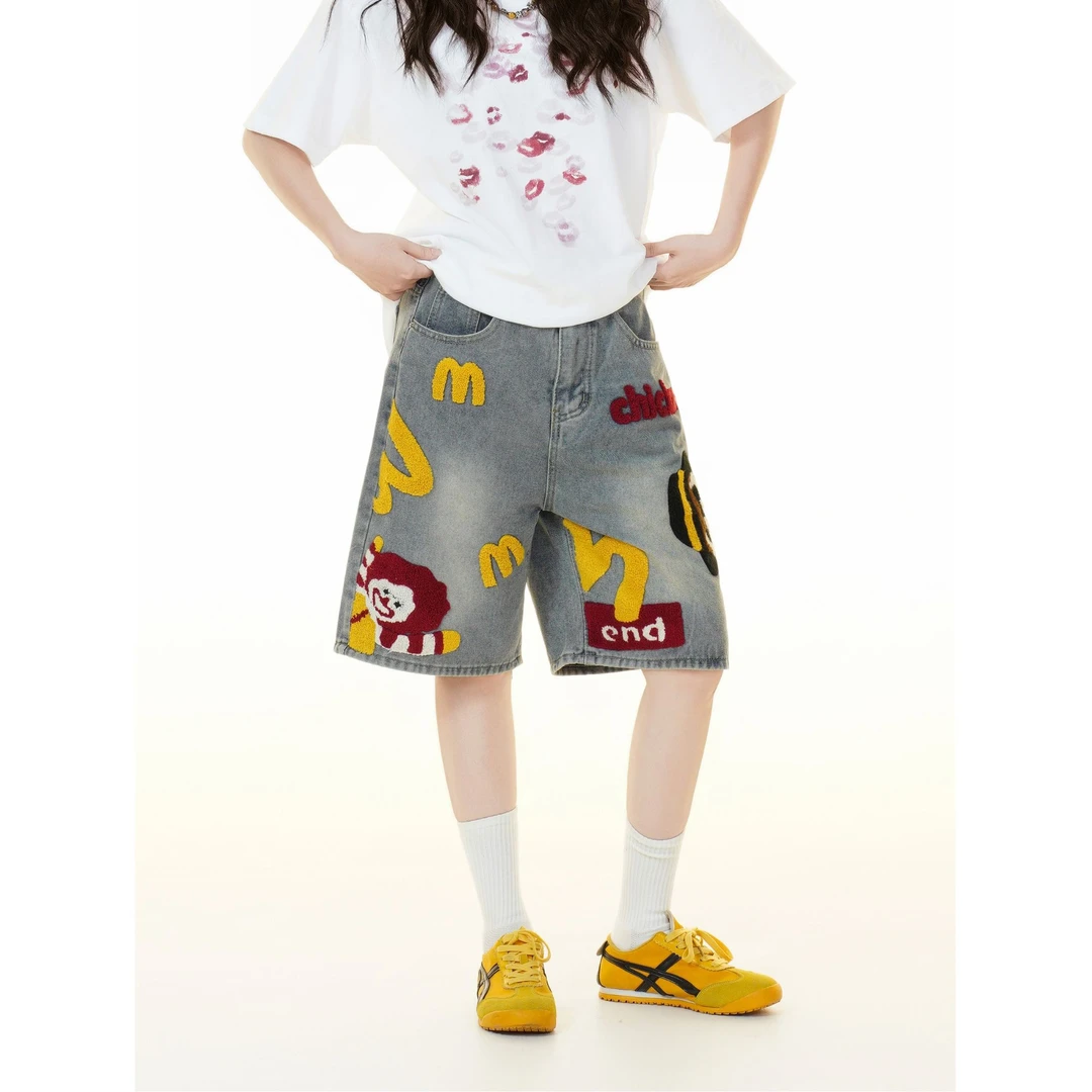oversize「麦当当卡通毛巾绣」牛仔短裤男女情侣宽松bf夏季五分裤子