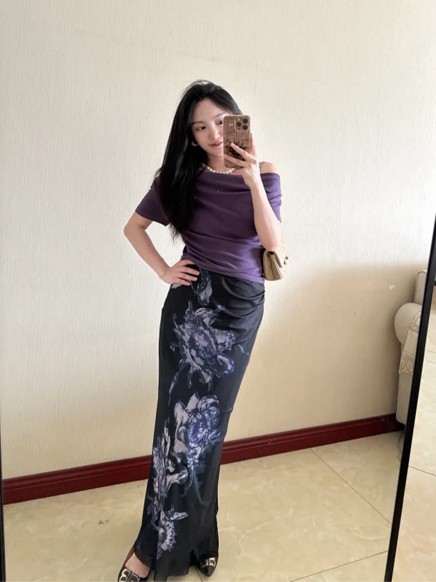 紫色花朵半身裙 显瘦气质夏季时尚复古