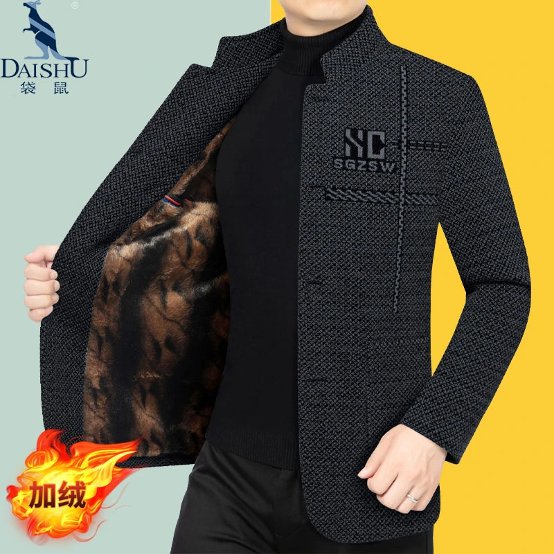 袋鼠秋冬款加绒加厚毛呢大衣立领男士休闲中山装外套保暖抗皱防寒