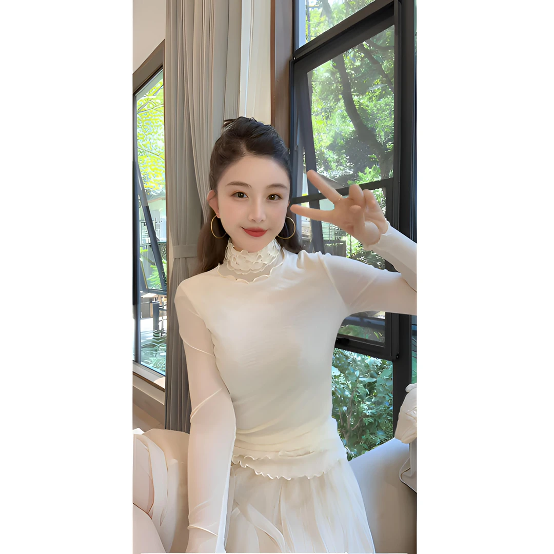 【现货秒发】百搭木耳边半高领双层纱设计长袖内搭打底衫YY71911