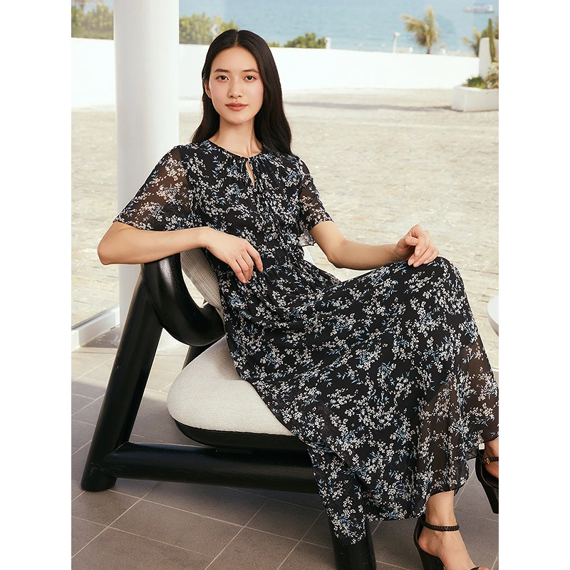 YINER音儿专选2025夏季新款超细旦丝法式苍兰花连衣裙8C65205336