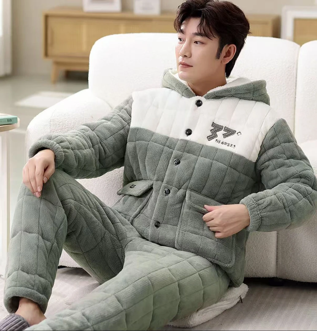 2025新款冬季时尚男士连帽加绒加厚三层夹棉保暖休闲家居服
