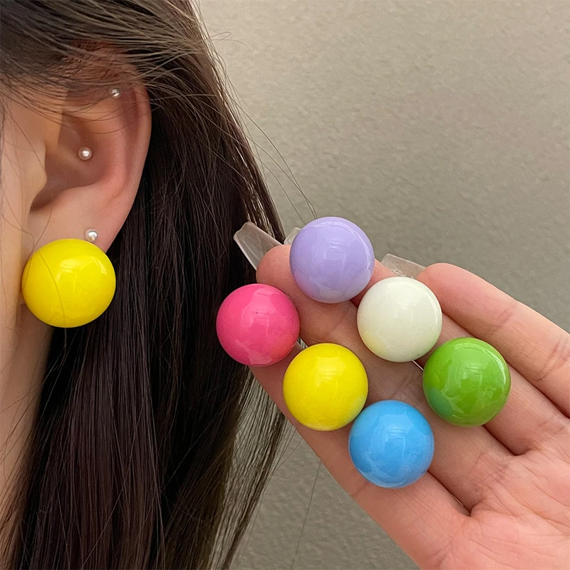 铜合金亚克力耳饰 奶油色系~马卡龙彩色糖果球球耳钉圆形耳环