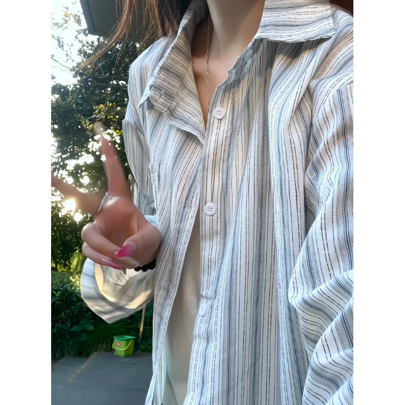 蓝白色条纹长袖衬衫男款夏季痞帅高级感大码衬衣美式潮牌情侣外套