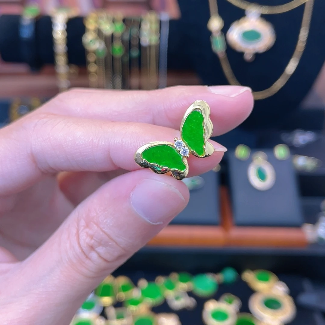 翡翠银S925镀金镶嵌戒指微瑕特价