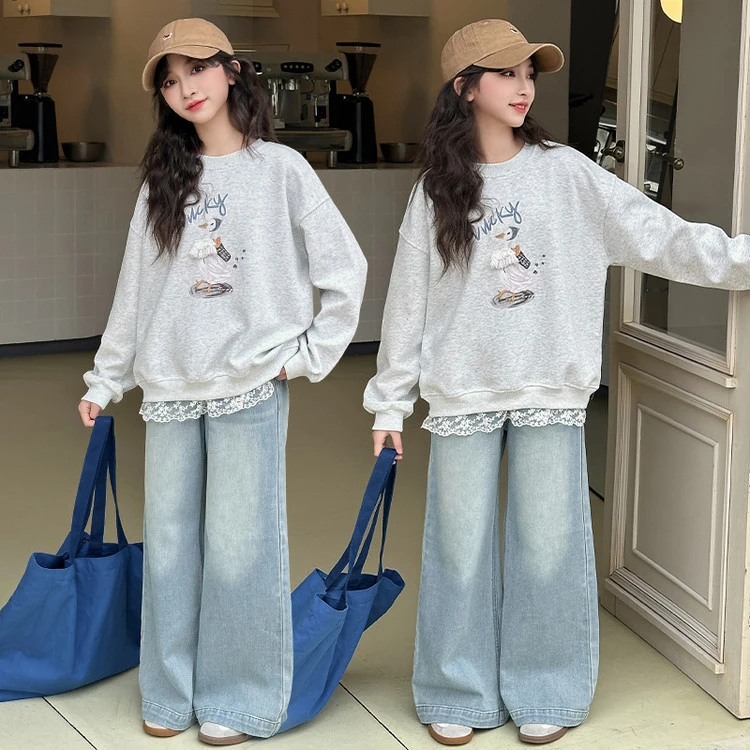 女童长袖卫衣2025春季新款6-15岁洋气花边休闲上衣甜美时尚打底衫