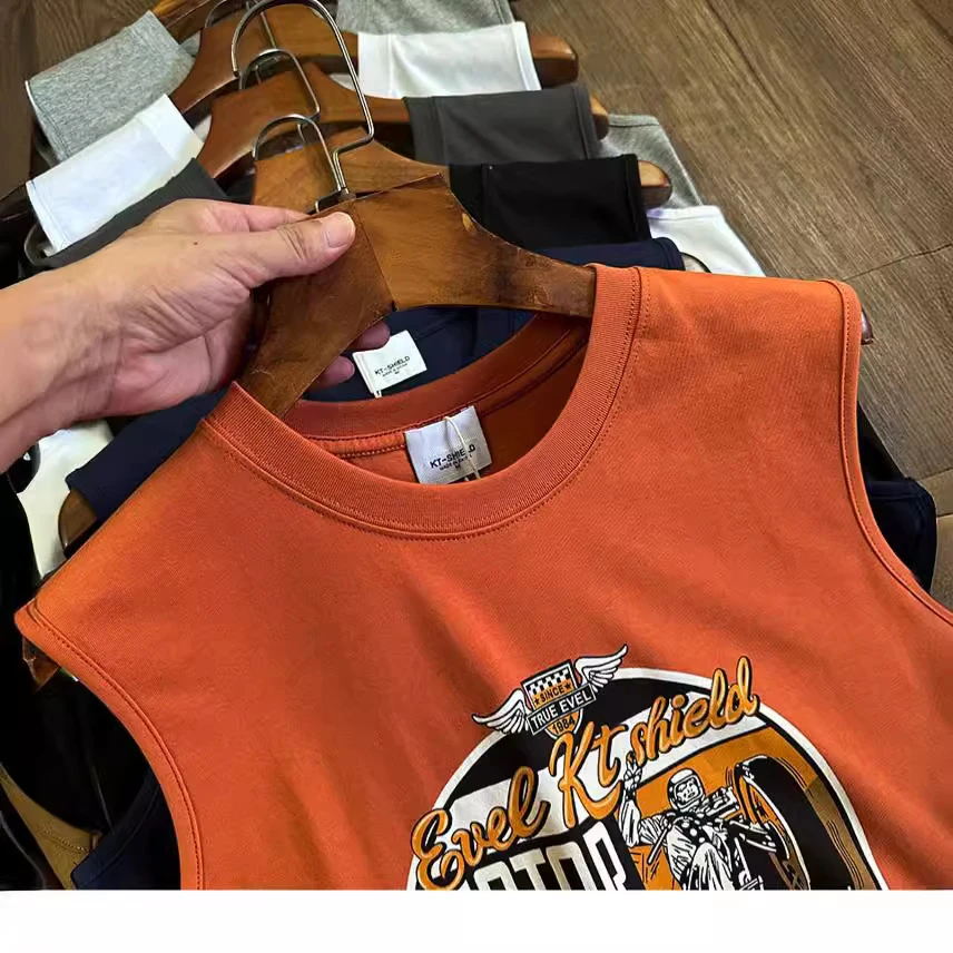 日系港风夏季男士复古印花纯棉背心篮球运动休闲圆领坎肩无袖T恤