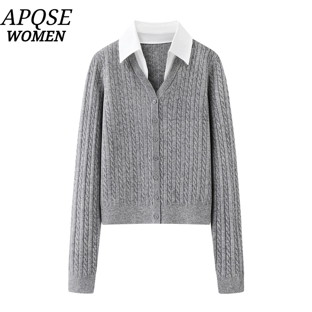 【艾家同款】2026春季新款灰色麻花纹假两件衬衫领针织衫毛衣女1150