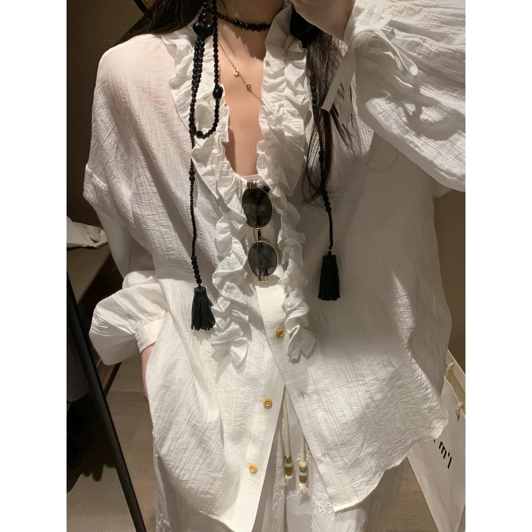 一套套装2025夏季新款衬衫套装荷叶领设计感时尚气质上衣+短裤女