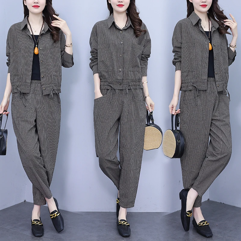 高端大码春秋宽松休闲时尚洋气显瘦气质格子衬衫上衣哈伦裤套装女