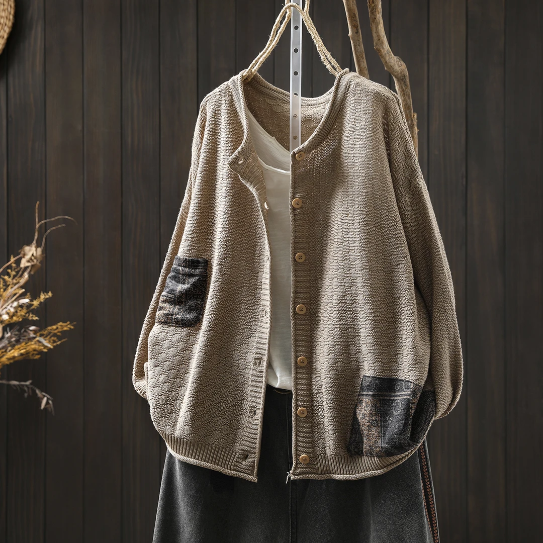 2025秋新款棉线针织复古贴布宽松外搭独特长袖针织衫上衣女小开衫