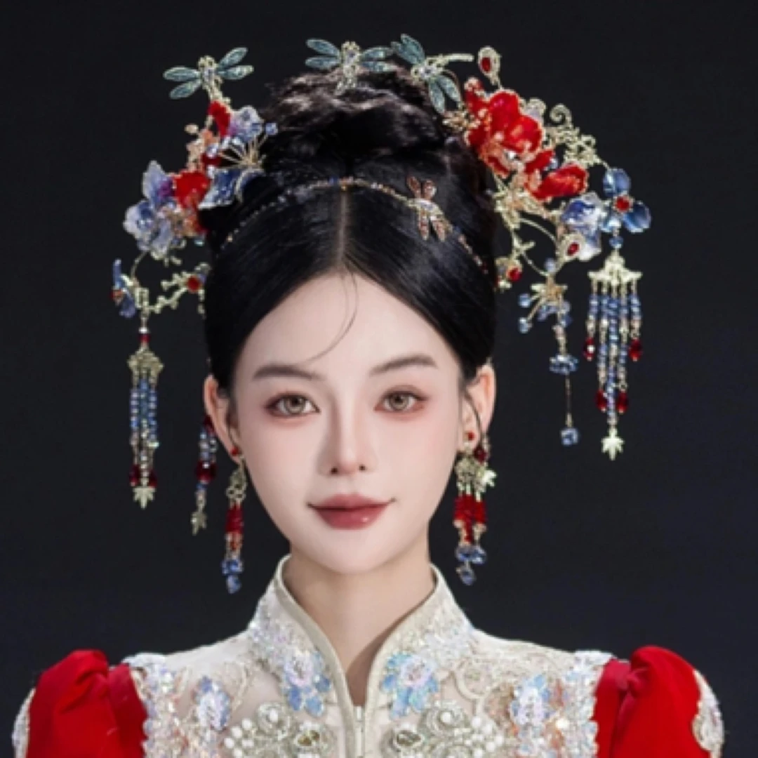 z8037 新娘婚嫁饰品红蓝色秀禾头饰减龄大气古风分体头饰百搭