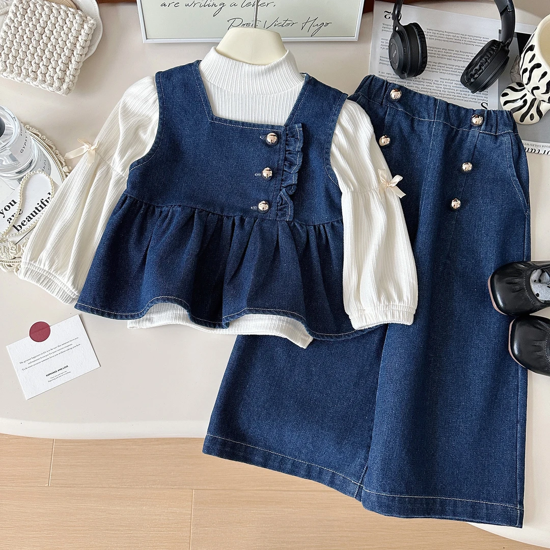 2025春季新款韩版时尚女童打底衫牛仔套装三件套Q67657