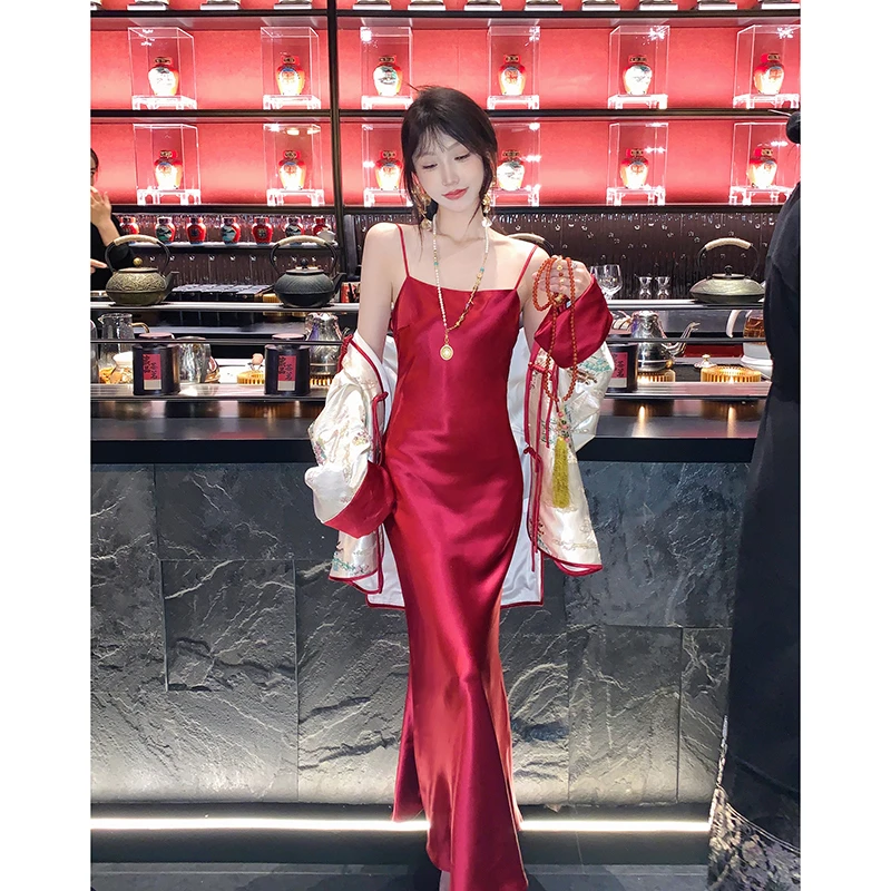 果果家 新中式纯色A字裙长裙2025春季女装高腰显瘦气质吊带连衣裙