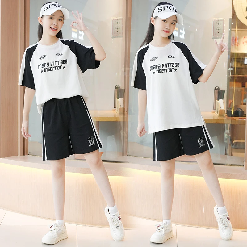 女童夏装2025新款大童初高中生洋气时髦运动短袖短裤时尚穿搭