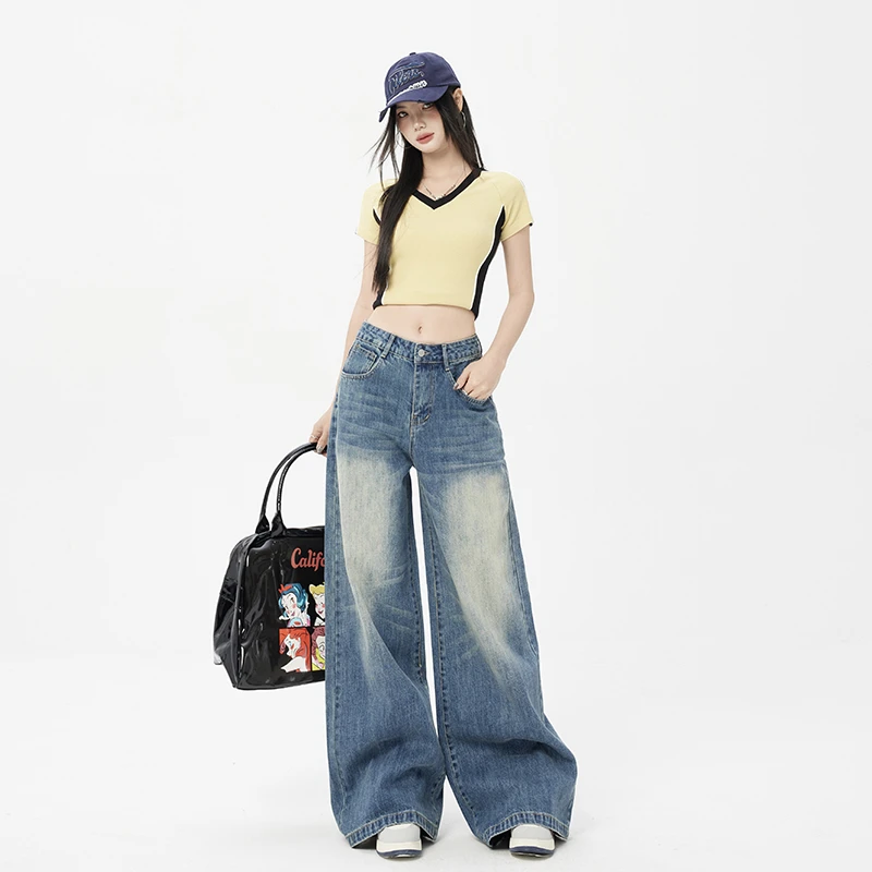 KRO复古水洗做旧蓝牛仔裤春夏新款垂感阔腿直筒牛仔裤长裤&加长