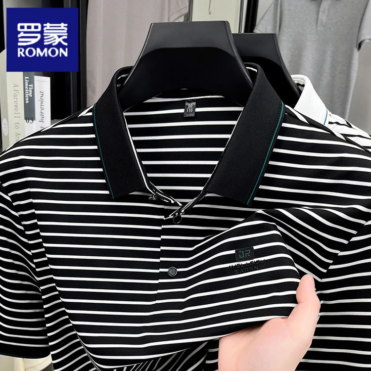 罗蒙夏季爆款时尚条纹翻领男短袖POLO衫宽松商务休闲经典简约百搭