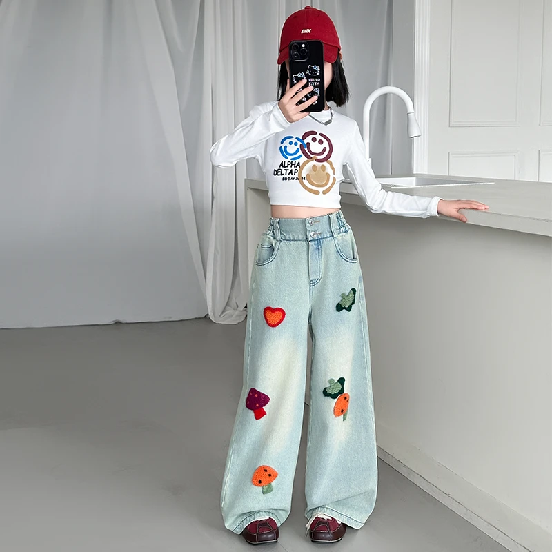 女童春秋牛仔阔腿裤中中大童绣花可爱高腰裤子2025新款儿童直筒裤