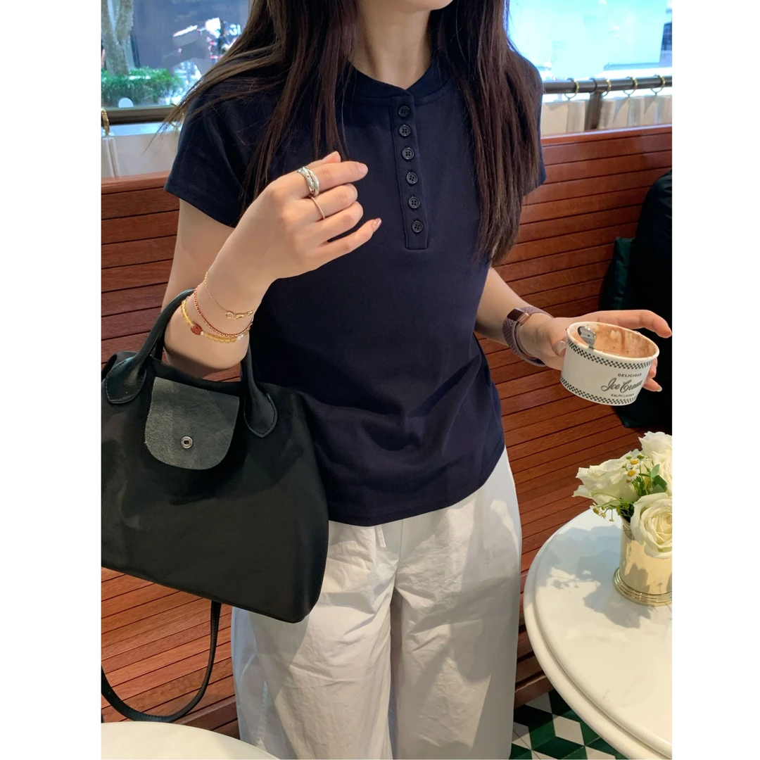 高级感排扣显瘦显气质藏青POLO小立领短复古短袖女 T8437