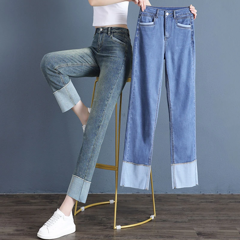 高腰牛仔弹力烟管裤女2025年春季新款宽松显瘦遮肉百搭烟管裤洋气