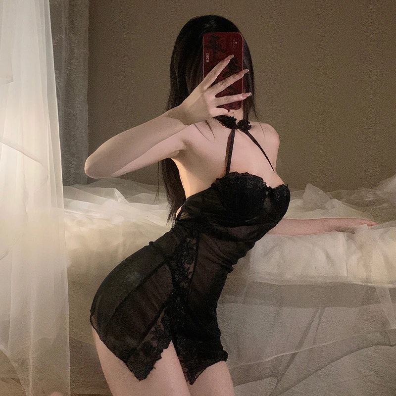 侧边开叉反差睡裙女性感蕾丝禁欲系诱惑睡衣五大战区司令员F396