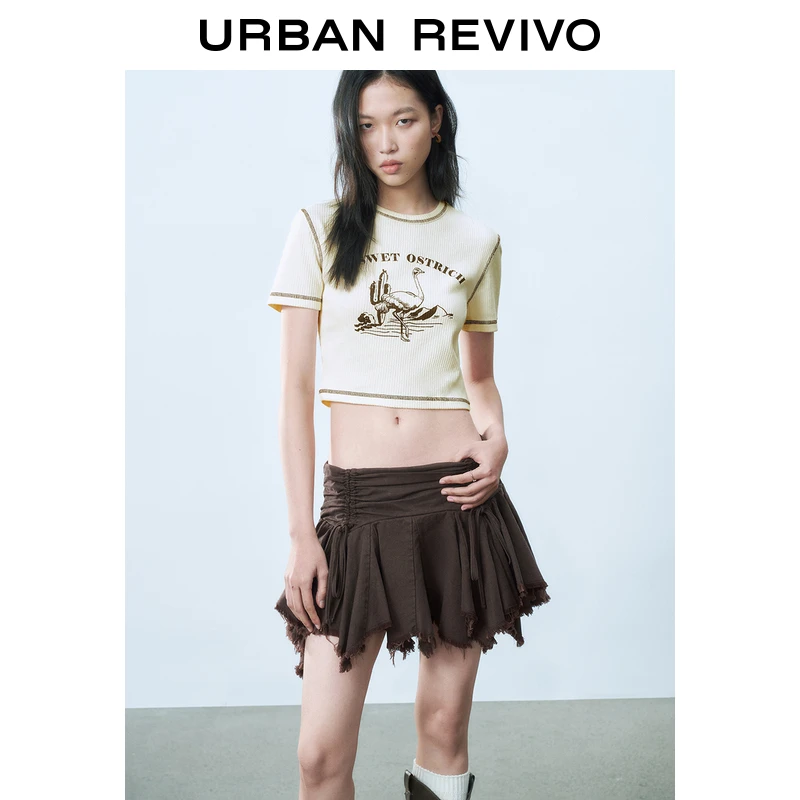 UR2025春季新款女装欧若风撞色明线印花修身短袖T恤UYY450070