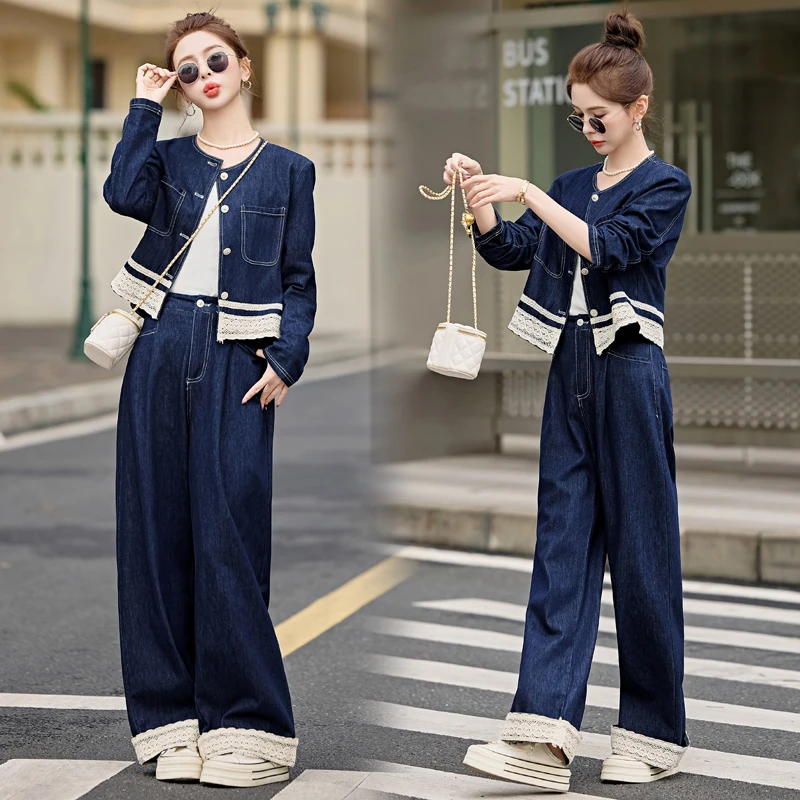 复古蕾丝花边拼接牛仔套装2025春季新款港风休闲长袖阔腿裤两件套