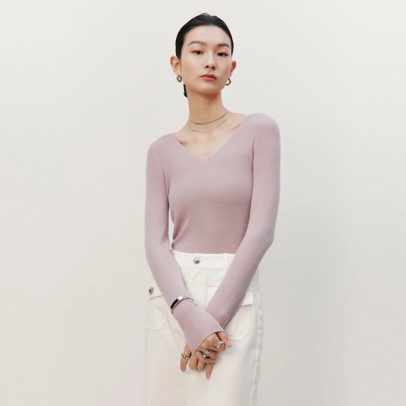 HPLY荷比俪春季新款女气质v领山羊绒长袖毛衫针织衫HDD11650124