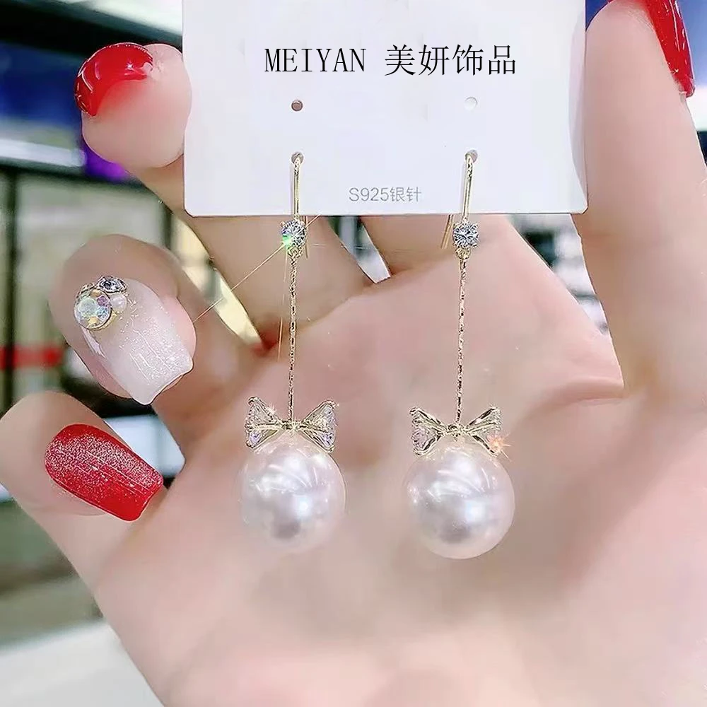 铜合金耳饰 蝴蝶结珍珠流苏挂钩耳环精致优雅气质时尚甜美K018