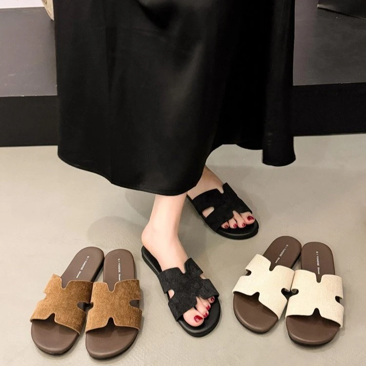 软底亚麻拖鞋女外穿2025年夏季新款一字H凉拖度假风海边沙滩凉鞋