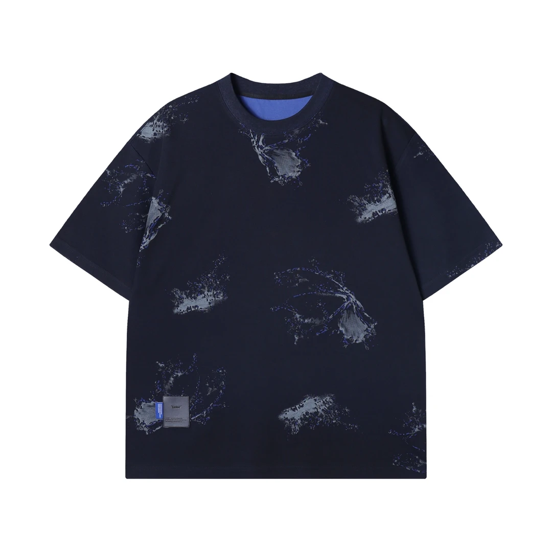 夏季高级感新款美式撞色磨破圆领短袖T恤小众设计舒适百搭上衣