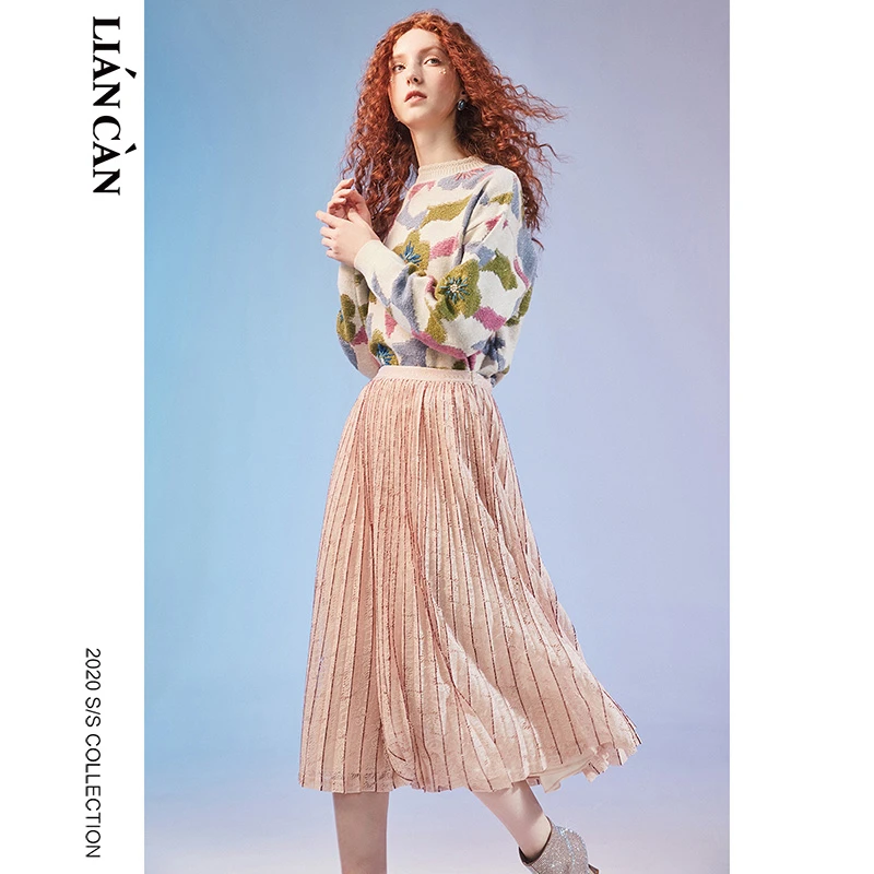 莲灿2024春季新高腰时尚气质波西米亚浪漫压褶半身长裙7120453005