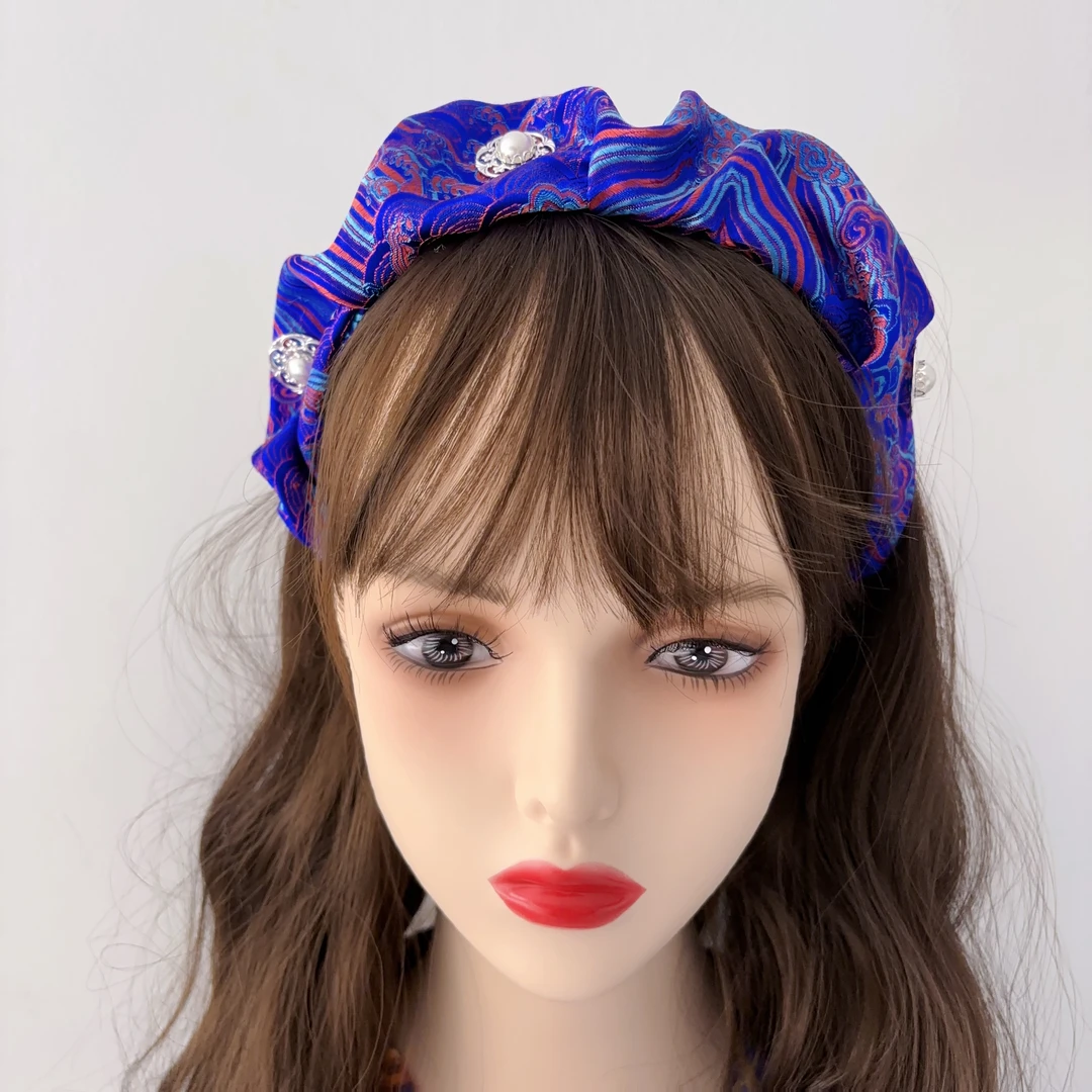 民族风绸缎发饰手工发箍网红珍珠最新款饰品蓝色头饰宽边头箍国风