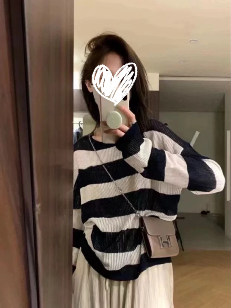 55065 韩系简约休闲条纹宽松圆领防晒衫